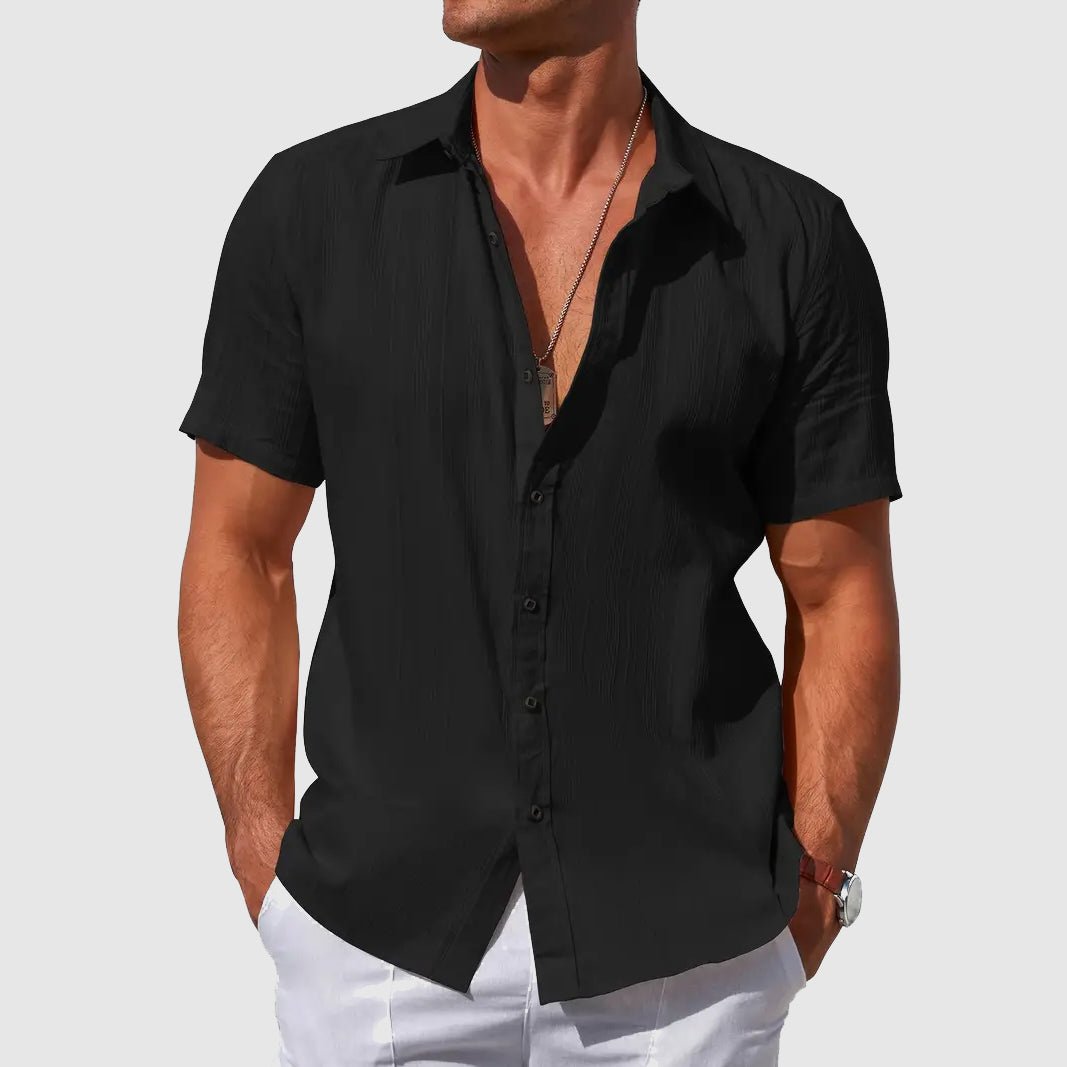 Herren Kurzarm Leinen Knopfleiste Hemd - Black