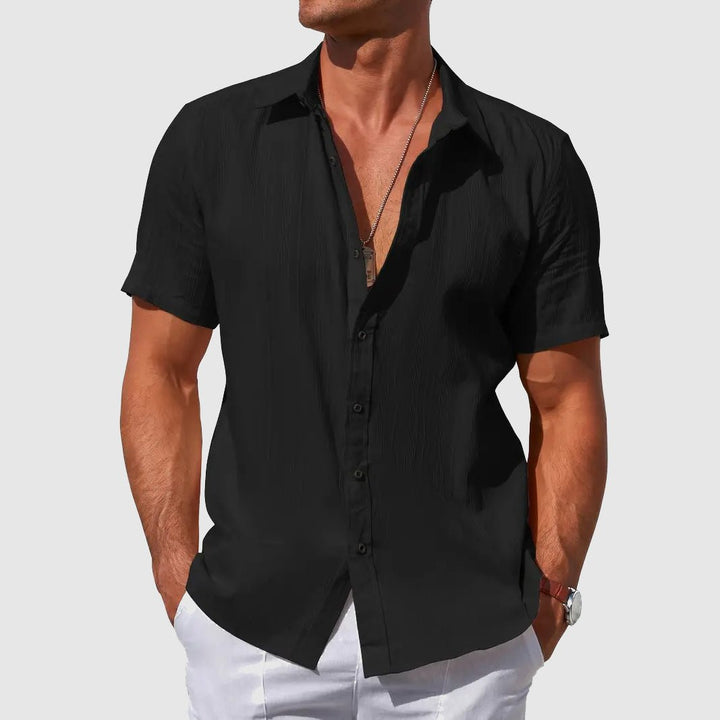 Herren Kurzarm Leinen Knopfleiste Hemd - Black