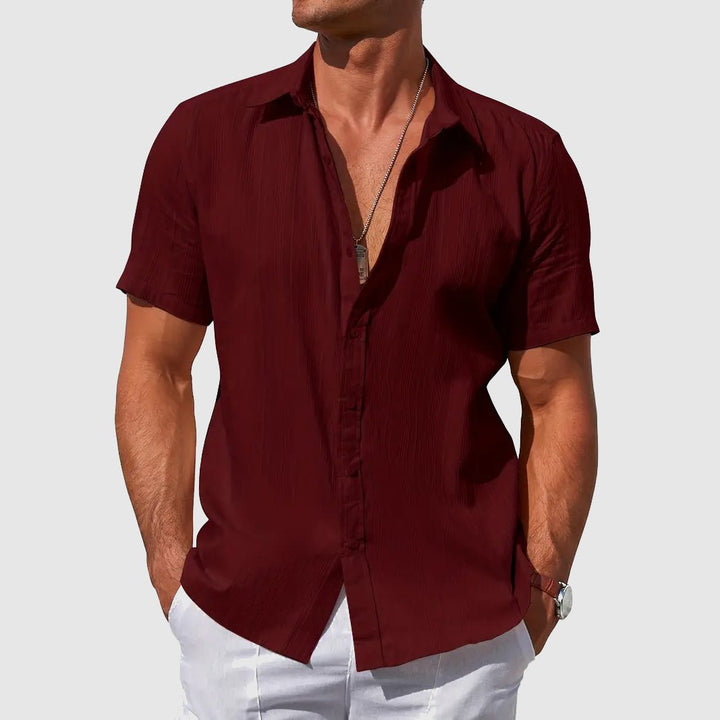 Herren Kurzarm Leinen Knopfleiste Hemd - Dark Red