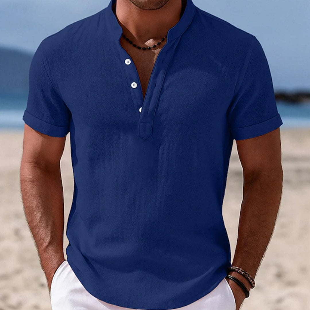 Herren Kurzarm Leinenhemd mit Stehkragen Knopfleiste - Blau