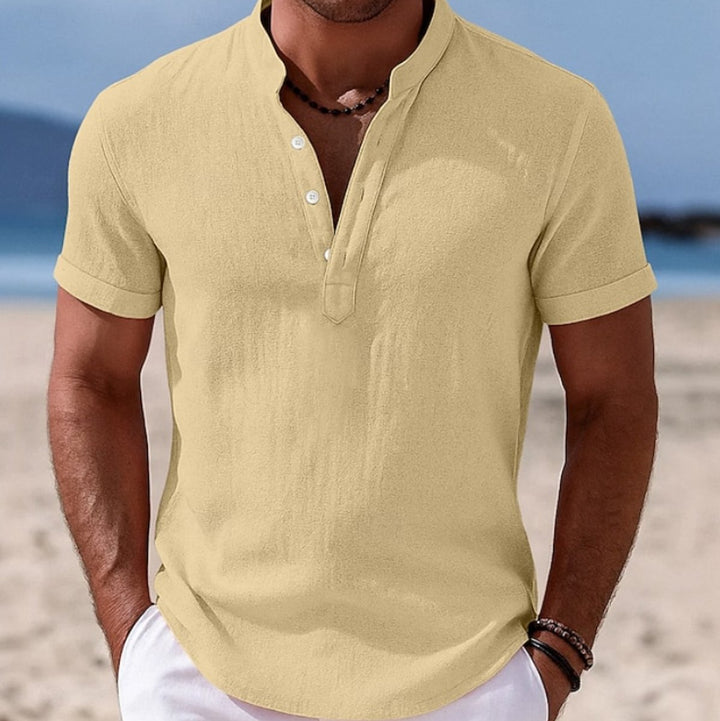 Herren Kurzarm Leinenhemd mit Stehkragen Knopfleiste - Gelb