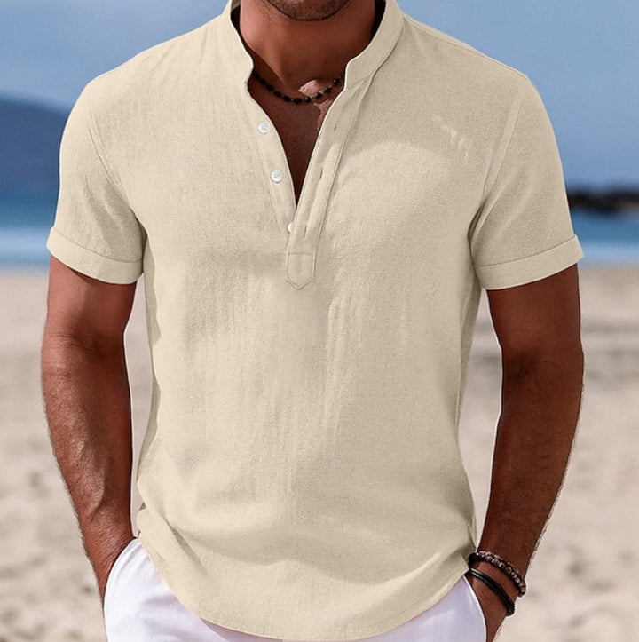 Herren Kurzarm Leinenhemd mit Stehkragen Knopfleiste - Beige