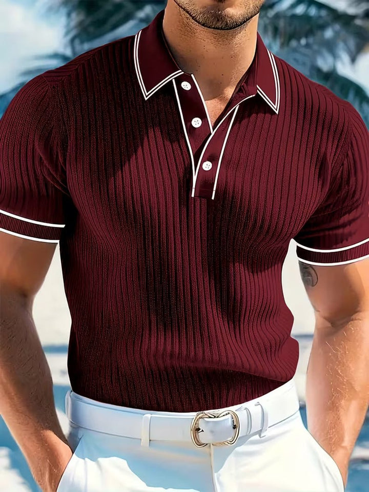 Herren Kurzarm-Poloshirt Feinstrick Kontraststreifen Slim-Fit - Rot