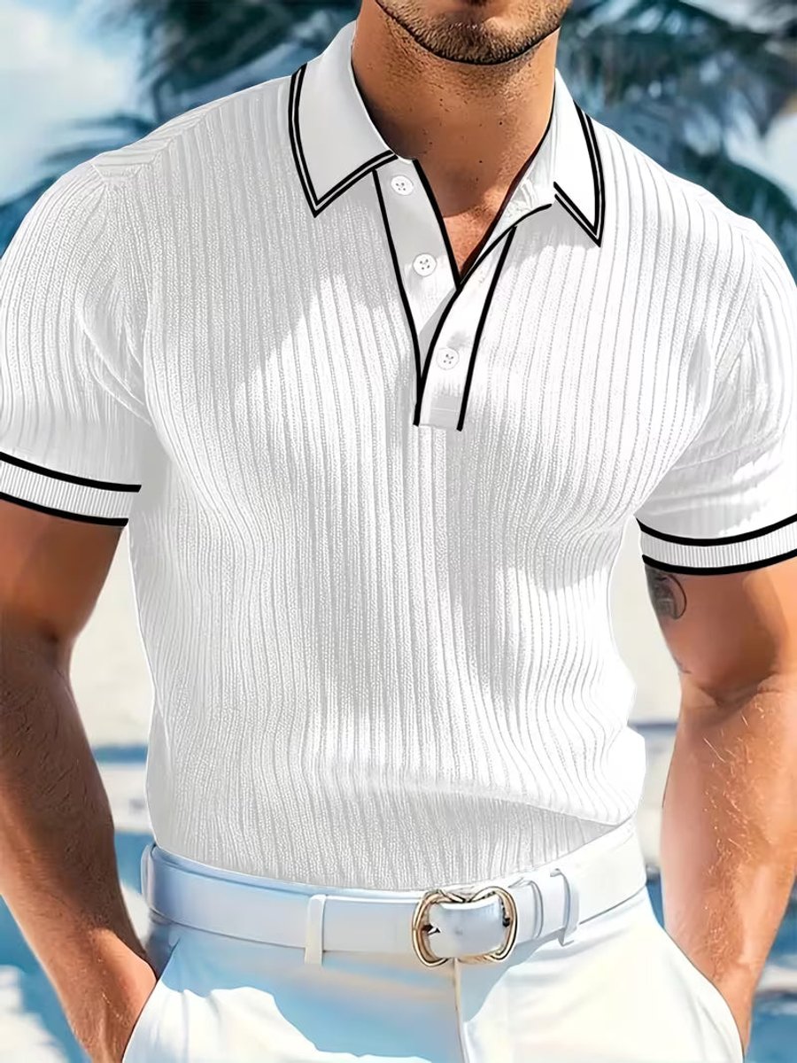 Herren Kurzarm-Poloshirt Feinstrick Kontraststreifen Slim-Fit - Weiß