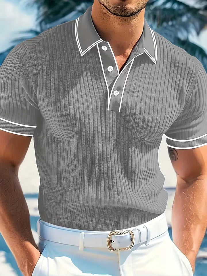 Herren Kurzarm-Poloshirt Feinstrick Kontraststreifen Slim-Fit - Grau