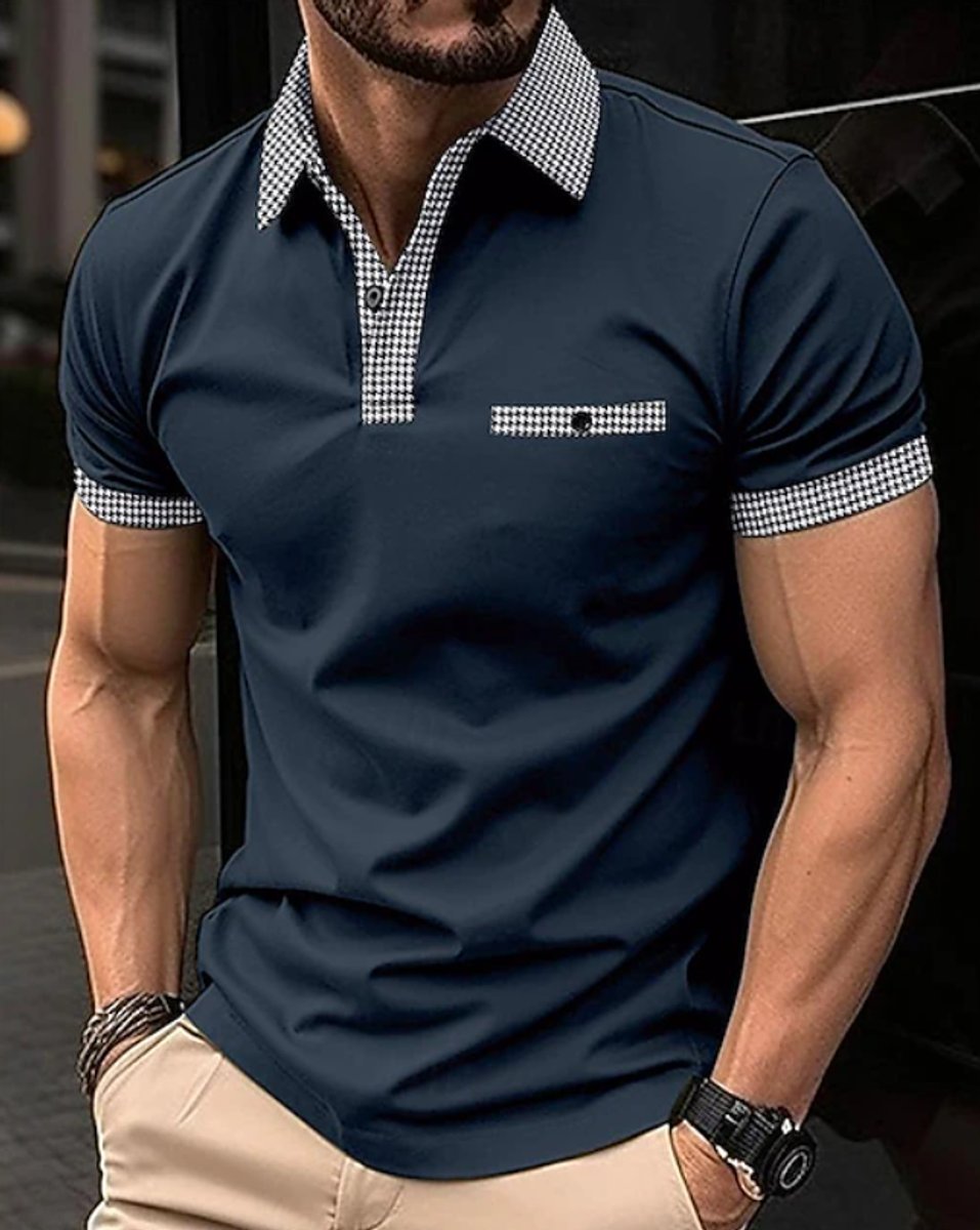 Herren Kurzarm-Poloshirt Kontrastkragen Slim-Fit - Marineblau