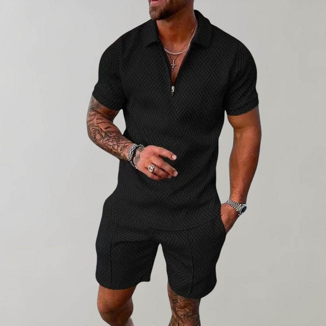 Herren Kurzarm-Poloshirt Shorts Set strukturiert Reißverschluss - Schwarz