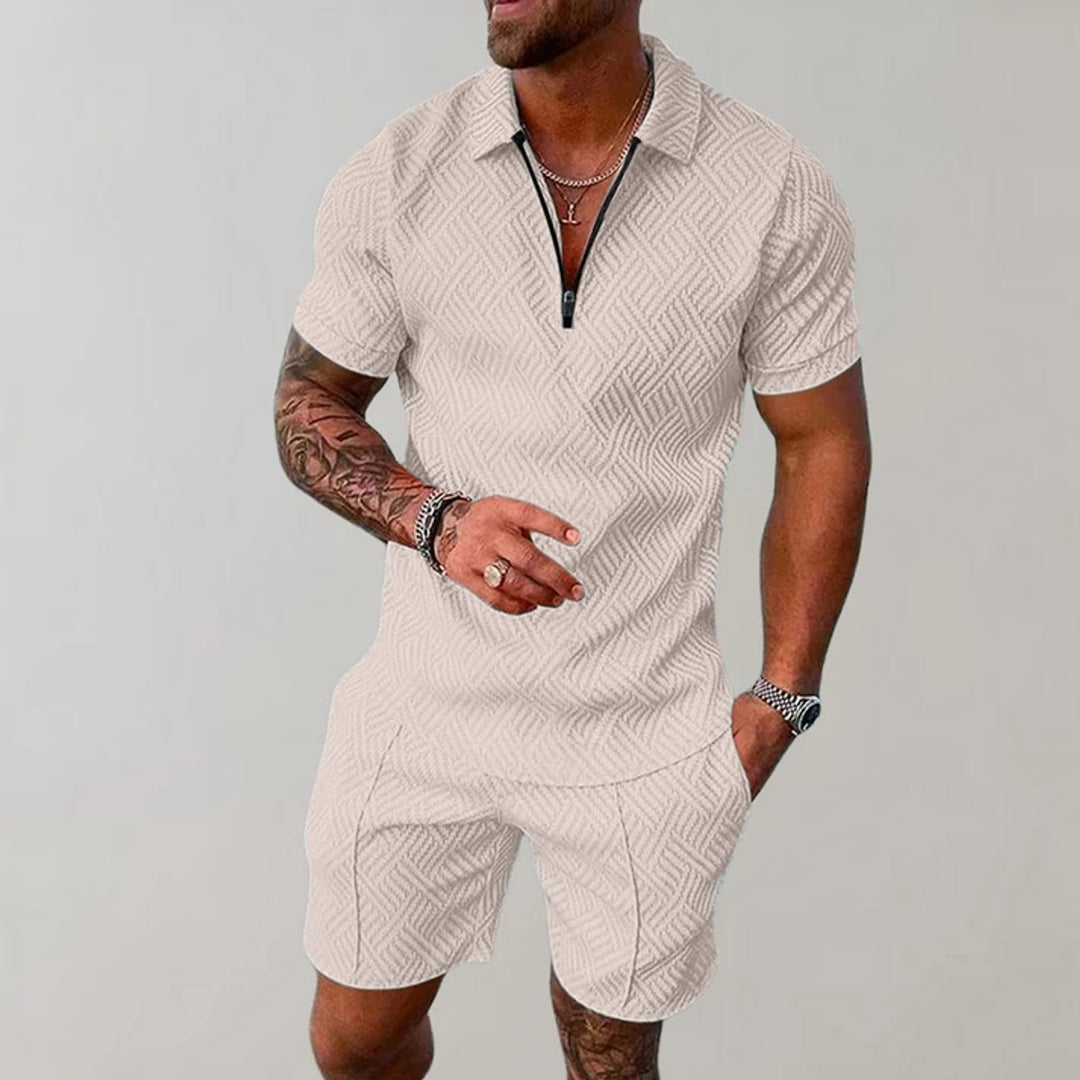 Herren Kurzarm-Poloshirt Shorts Set strukturiert Reißverschluss - Beige