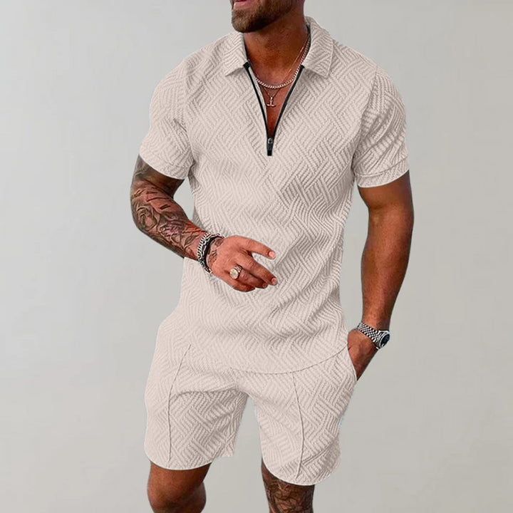 Herren Kurzarm-Poloshirt Shorts Set strukturiert Reißverschluss - Beige