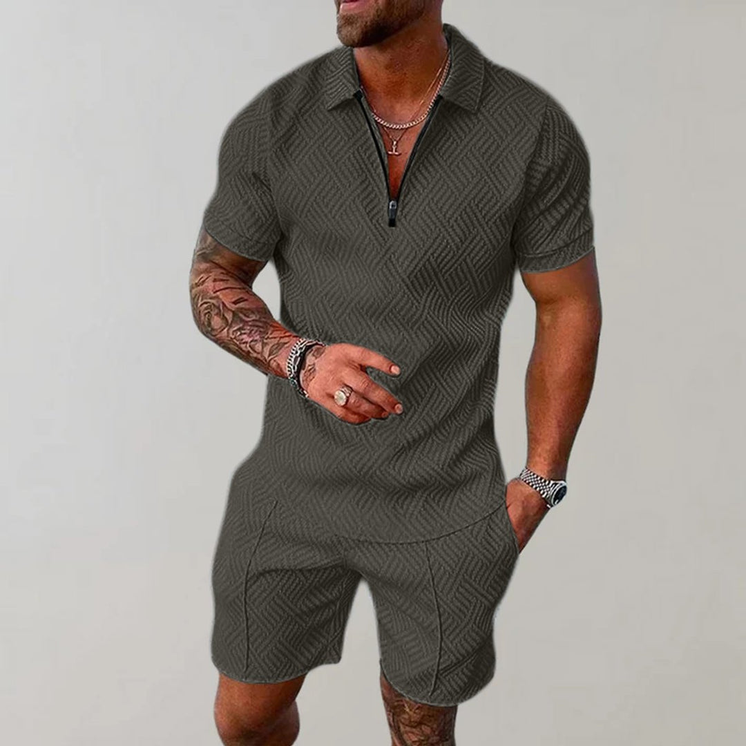 Herren Kurzarm-Poloshirt Shorts Set strukturiert Reißverschluss - Grün