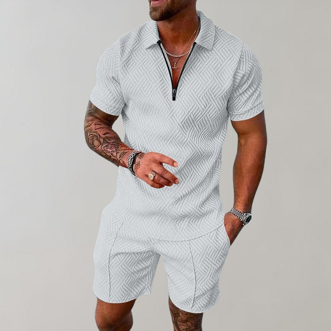 Herren Kurzarm-Poloshirt Shorts Set strukturiert Reißverschluss - Weiß