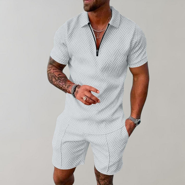 Herren Kurzarm-Poloshirt Shorts Set strukturiert Reißverschluss - Weiß