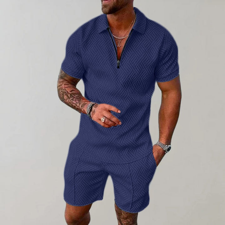 Herren Kurzarm-Poloshirt Shorts Set strukturiert Reißverschluss - Marineblau