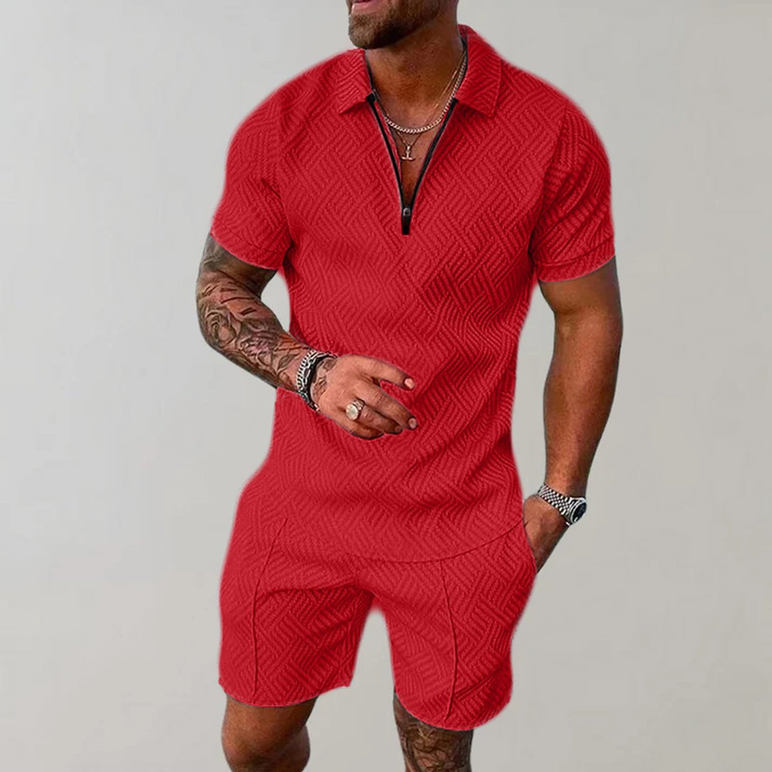 Herren Kurzarm-Poloshirt Shorts Set strukturiert Reißverschluss - Rot