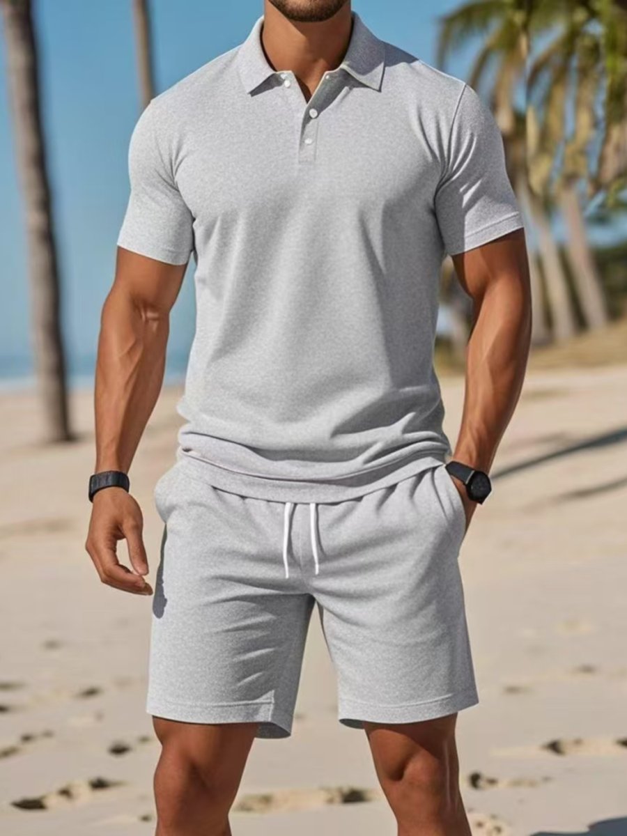 Herren Kurzarm-Poloshirt Waffle-Knit Sommer-Set mit Shorts - Hellgrau