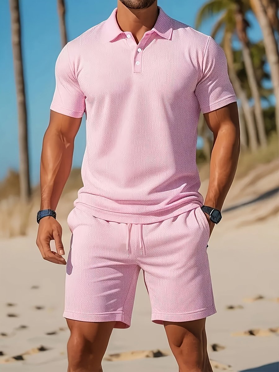 Herren Kurzarm-Poloshirt Waffle-Knit Sommer-Set mit Shorts - Hellrosa