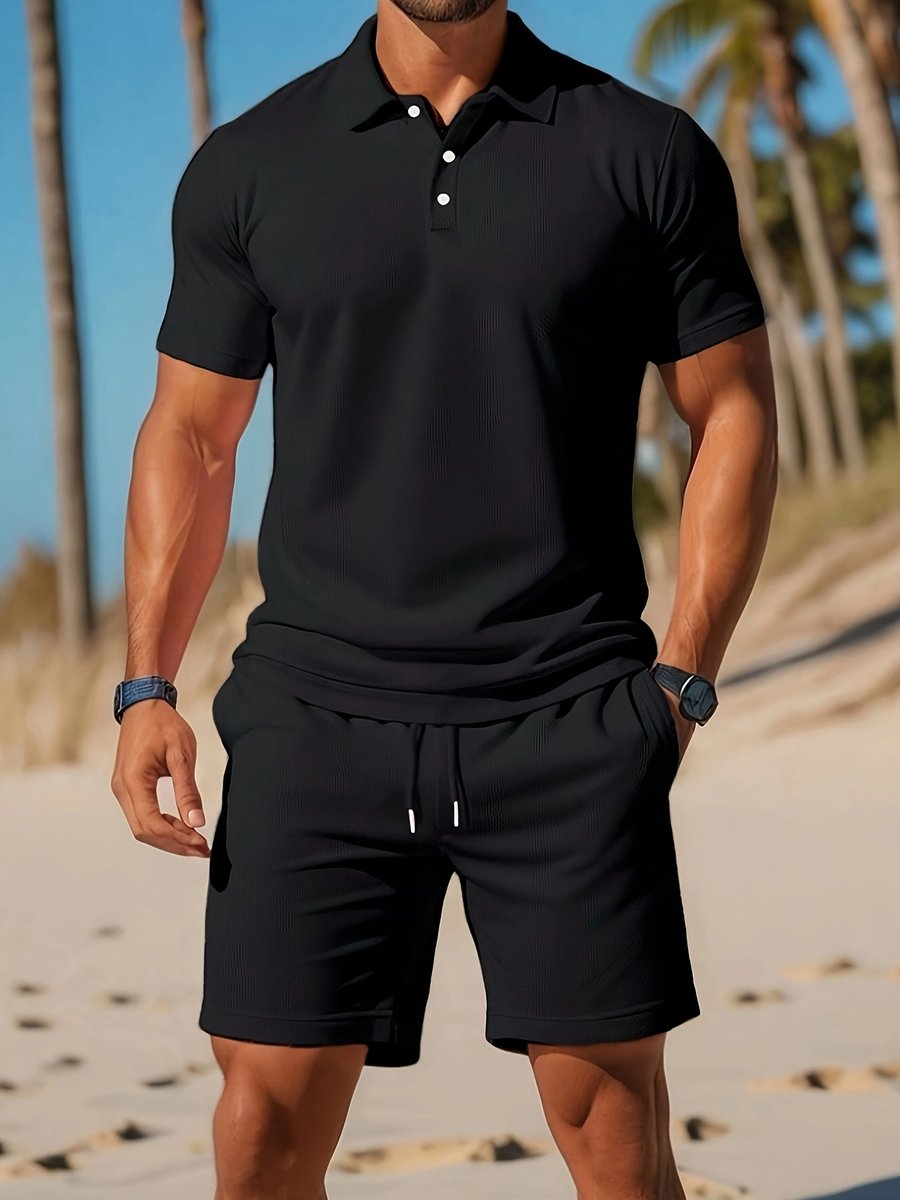 Herren Kurzarm-Poloshirt Waffle-Knit Sommer-Set mit Shorts - Schwarz