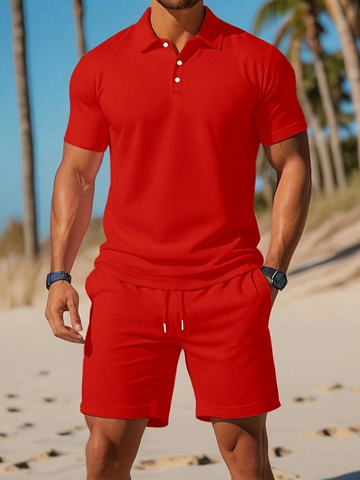 Herren Kurzarm-Poloshirt Waffle-Knit Sommer-Set mit Shorts - Rot