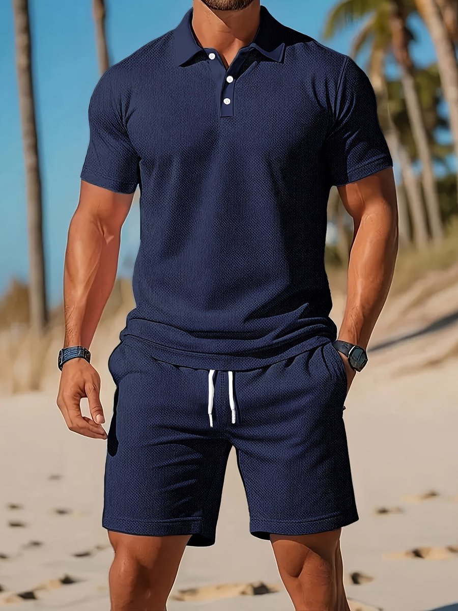Herren Kurzarm-Poloshirt Waffle-Knit Sommer-Set mit Shorts - Marineblau