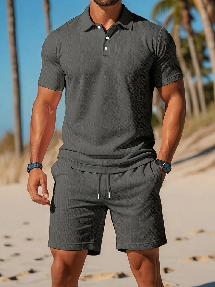 Herren Kurzarm-Poloshirt Waffle-Knit Sommer-Set mit Shorts - Dunkelgrau