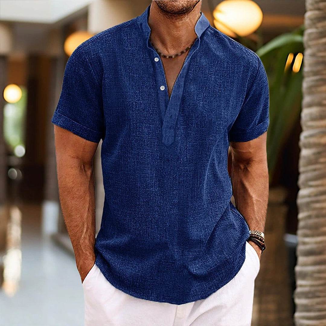 Herren Kurzarm-Sommerhemd Leinenoptik Henley-Kragen - Blau