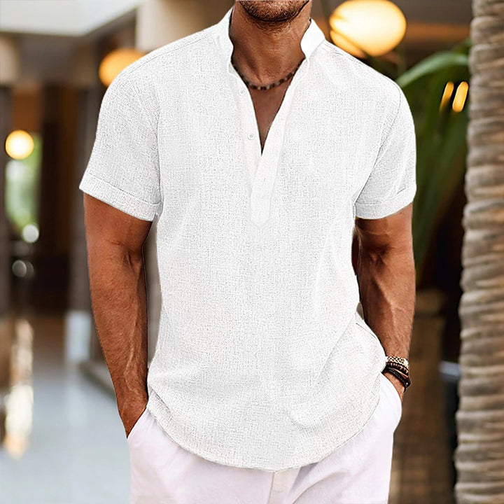 Herren Kurzarm-Sommerhemd Leinenoptik Henley-Kragen - Weiß