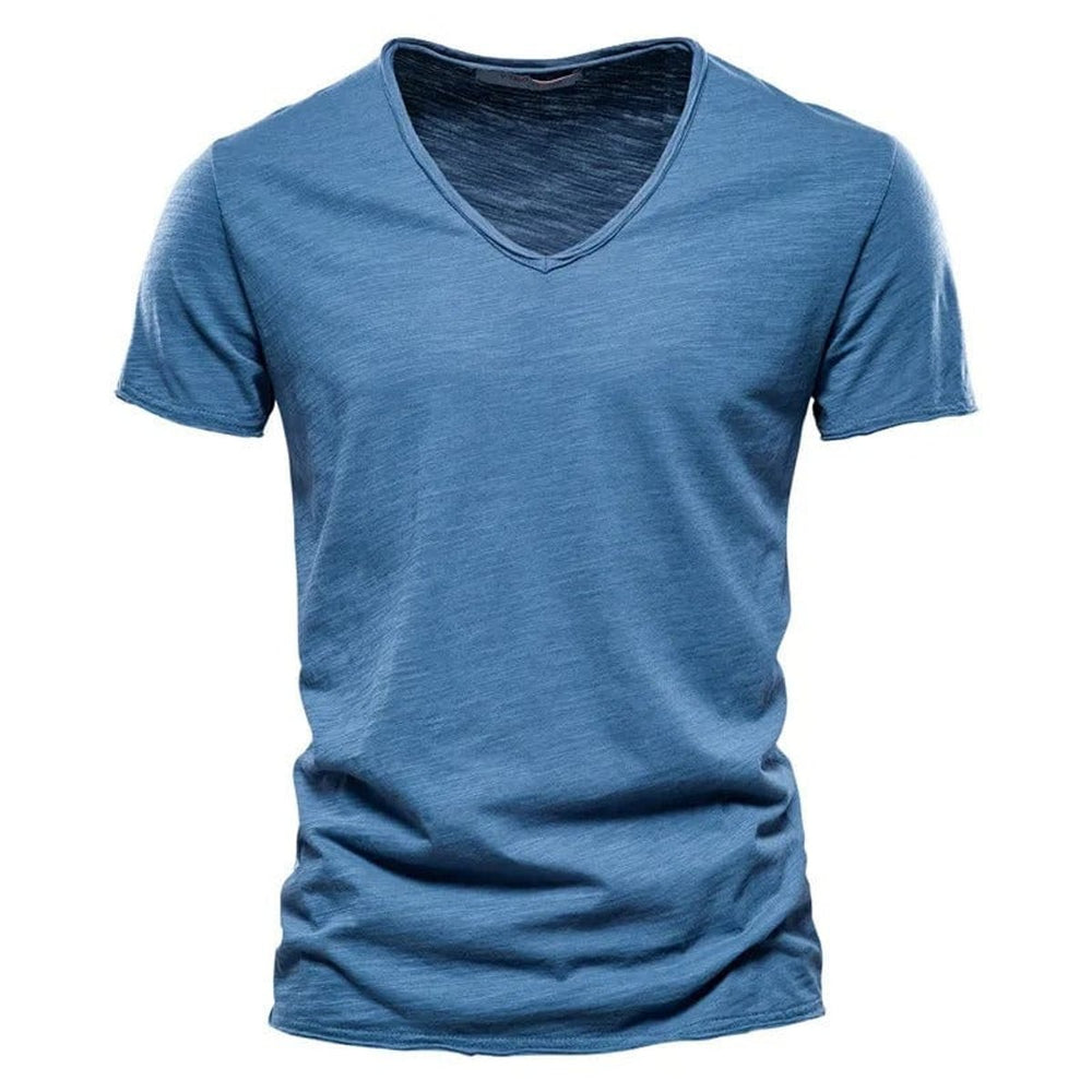 Herren Kurzarm V-Ausschnitt Knitterfreies Baumwoll T-Shirt - Blau