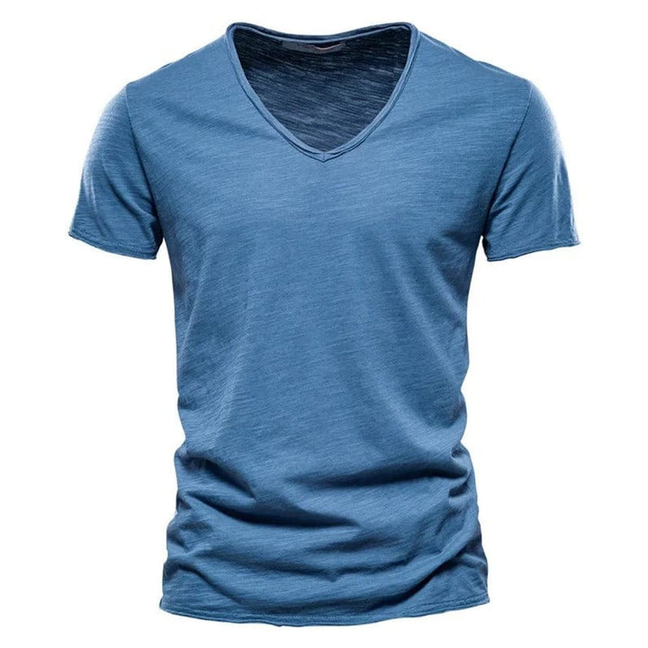 Herren Kurzarm V-Ausschnitt Knitterfreies Baumwoll T-Shirt - Blau