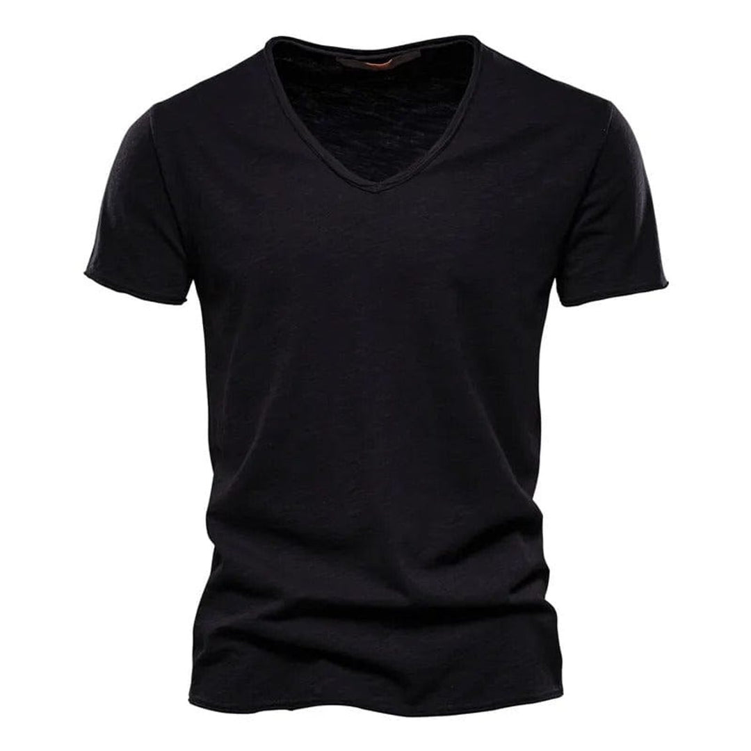 Herren Kurzarm V-Ausschnitt Knitterfreies Baumwoll T-Shirt - Schwarz