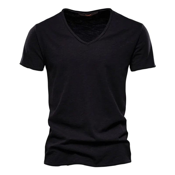 Herren Kurzarm V-Ausschnitt Knitterfreies Baumwoll T-Shirt - Schwarz