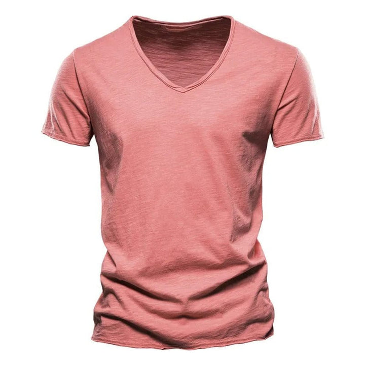 Herren Kurzarm V-Ausschnitt Knitterfreies Baumwoll T-Shirt - Rosa