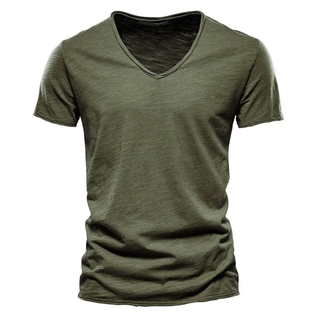 Herren Kurzarm V-Ausschnitt Knitterfreies Baumwoll T-Shirt - Armeegrün