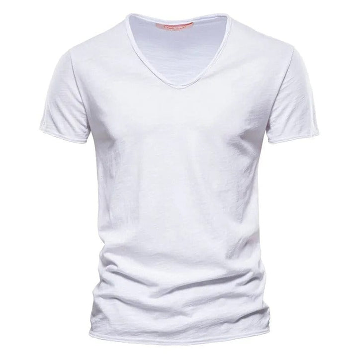 Herren Kurzarm V-Ausschnitt Knitterfreies Baumwoll T-Shirt - Weiß