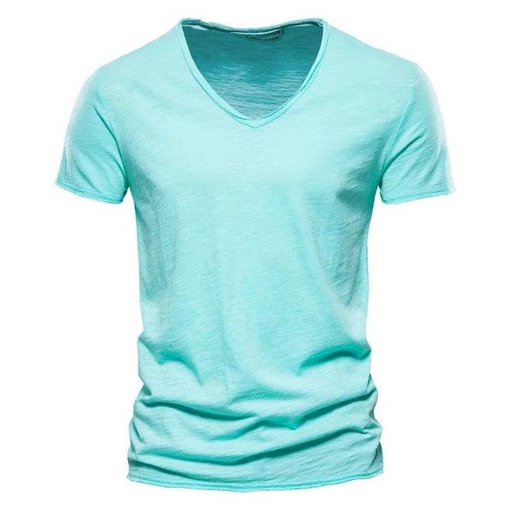 Herren Kurzarm V-Ausschnitt Knitterfreies Baumwoll T-Shirt - Türkis