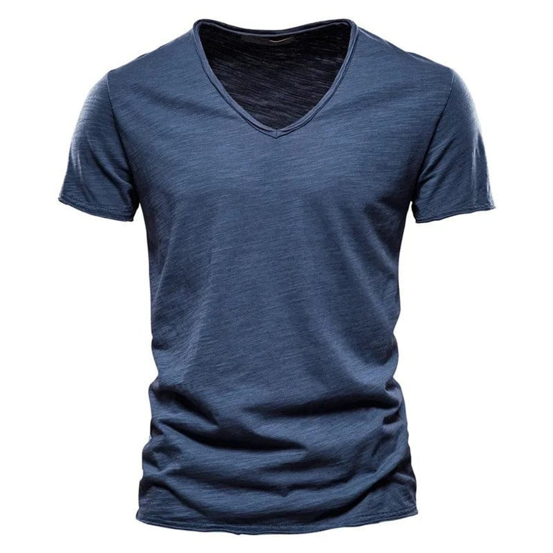 Herren Kurzarm V-Ausschnitt Knitterfreies Baumwoll T-Shirt - Dunkelblau