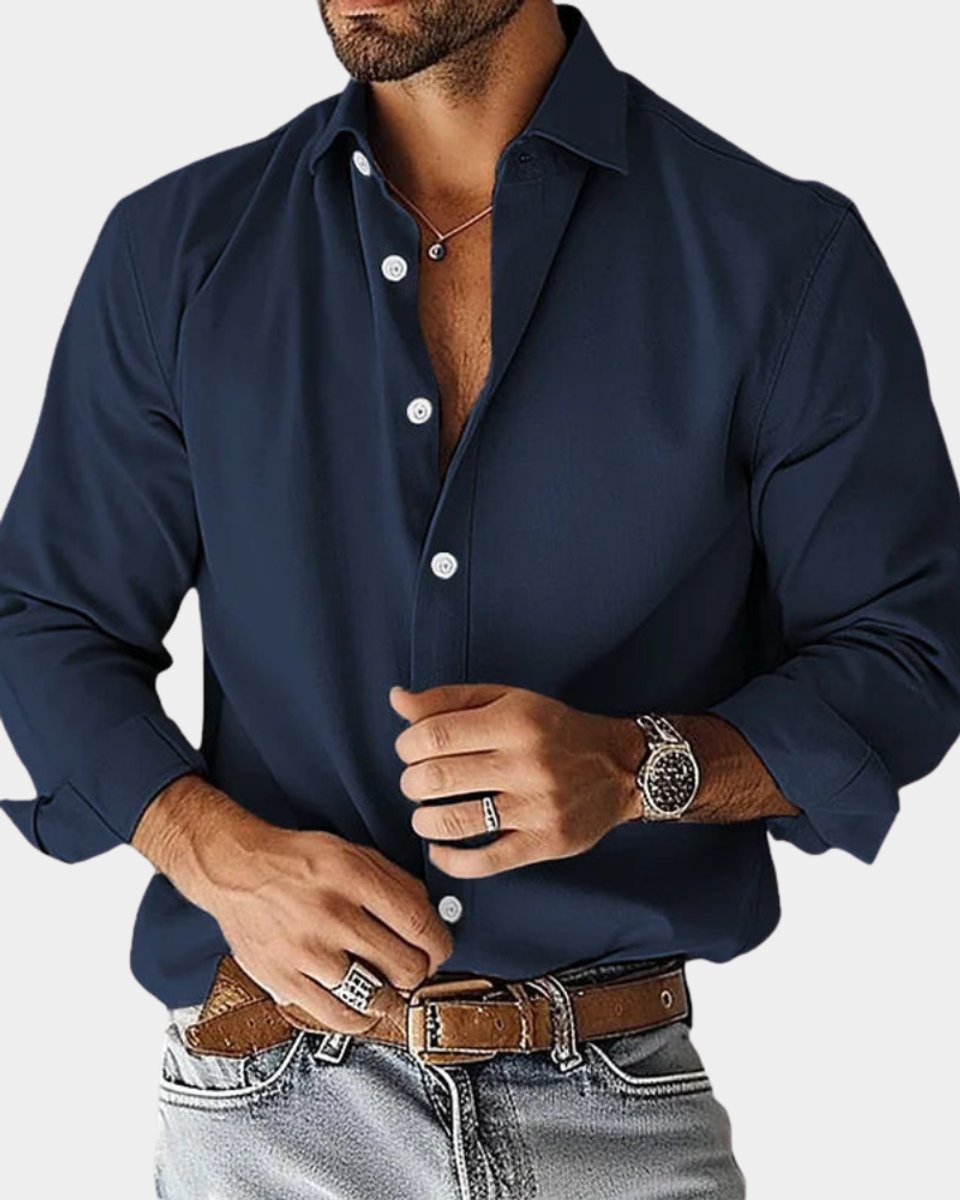 Herren Langarm-Hemd mit Kentkragen schmale Passform knopfleiste - Marineblau