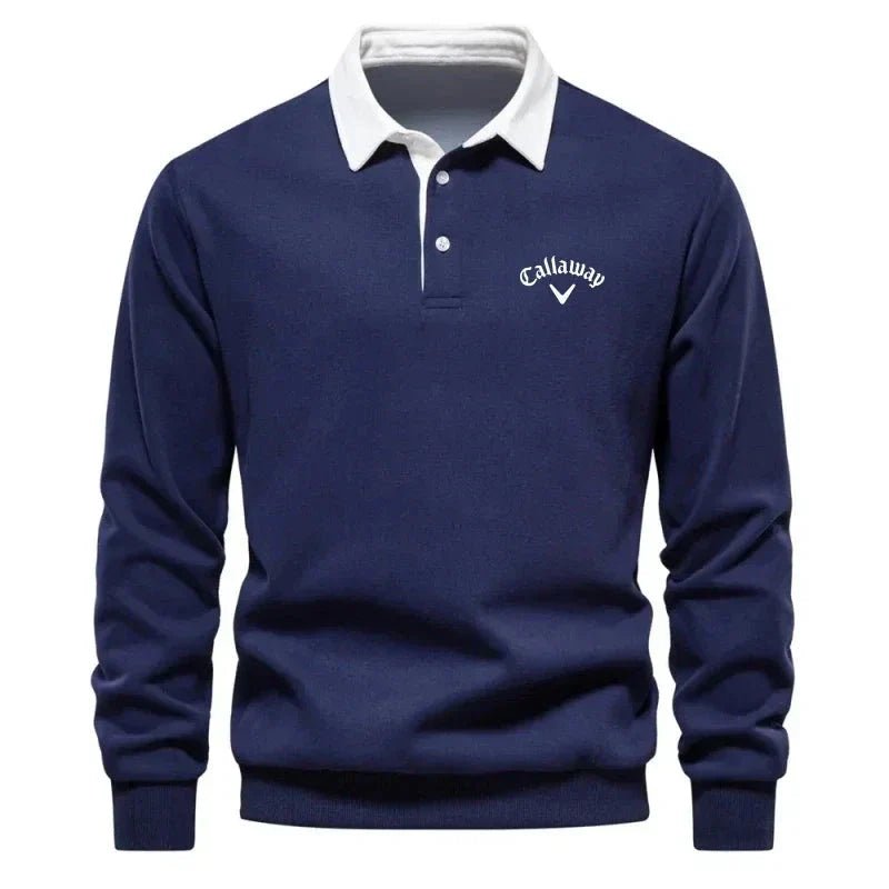 Herren Langarm-Polo Pullover Strick Kontrastkragen Tailored Fit - Navy Blue