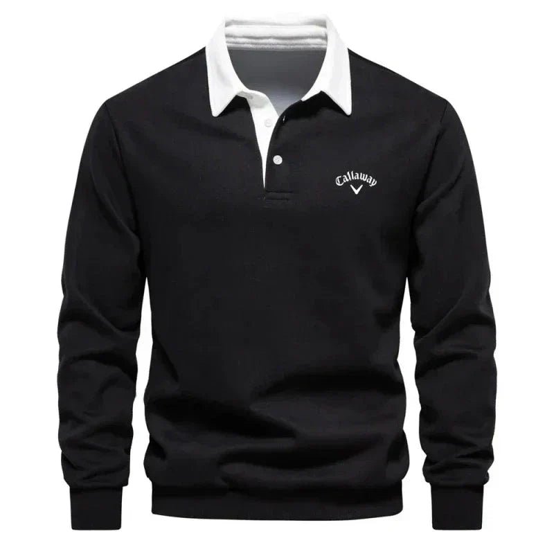 Herren Langarm-Polo Pullover Strick Kontrastkragen Tailored Fit - Black