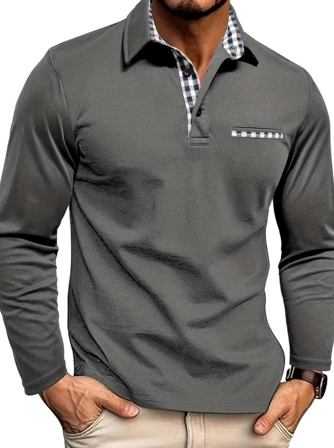 Herren Langarm Polo-Shirt Klassischer Karo-Kragen Winter - Grau