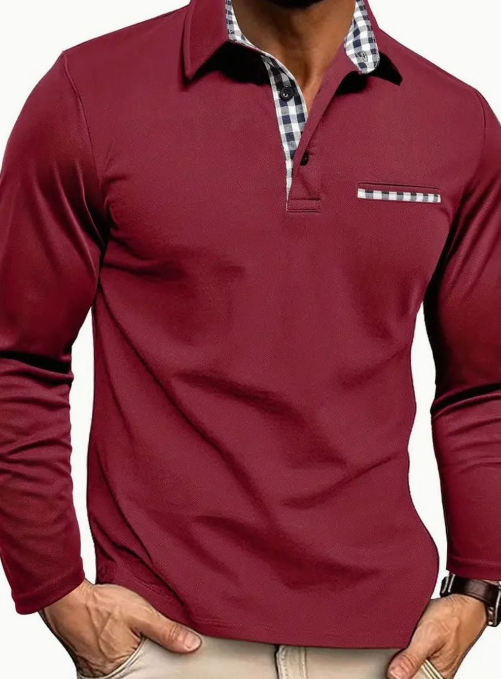 Herren Langarm Polo-Shirt Klassischer Karo-Kragen Winter - Bordeauxrot
