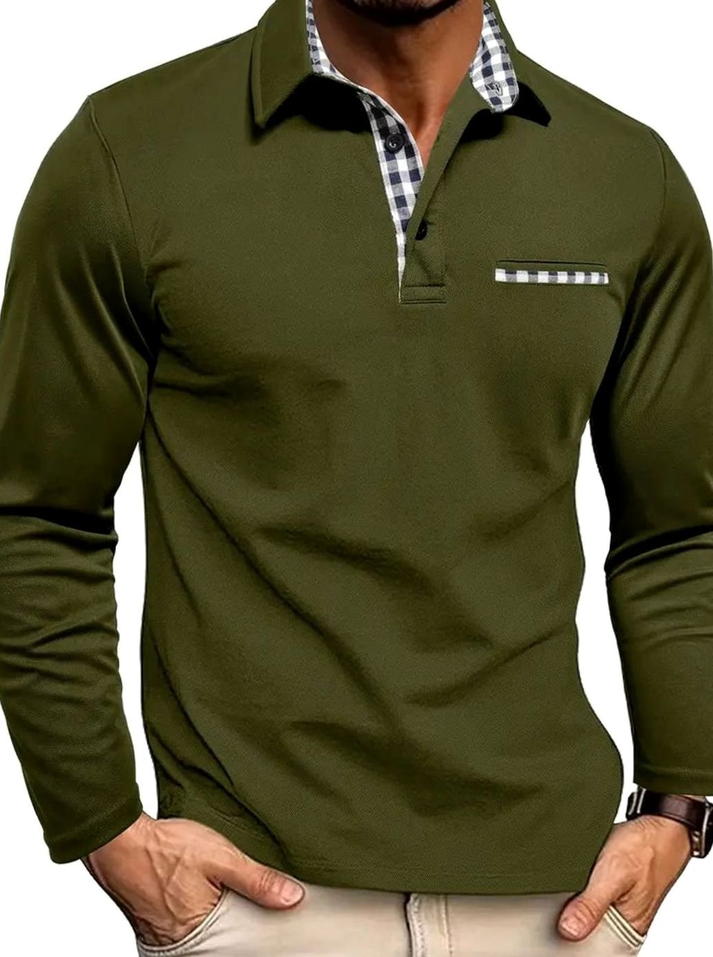 Herren Langarm Polo-Shirt Klassischer Karo-Kragen Winter - Olivgrün