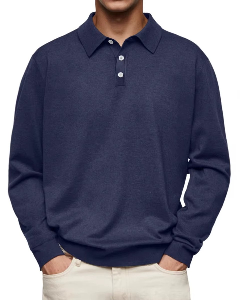 Herren Langarm-Polo Sweatshirt Knopfleiste Klassischer Schnitt - Marineblau