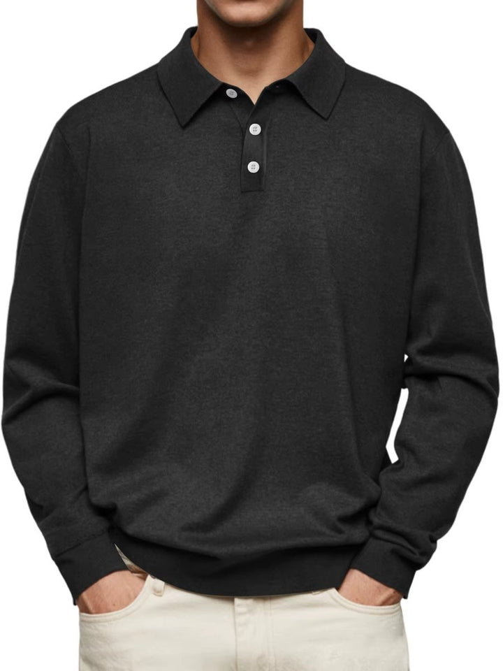 Herren Langarm-Polo Sweatshirt Knopfleiste Klassischer Schnitt - Schwarz