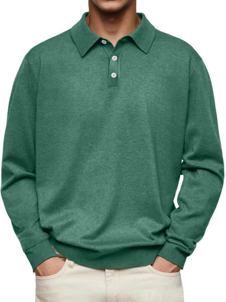 Herren Langarm-Polo Sweatshirt Knopfleiste Klassischer Schnitt - Dunkelgrün