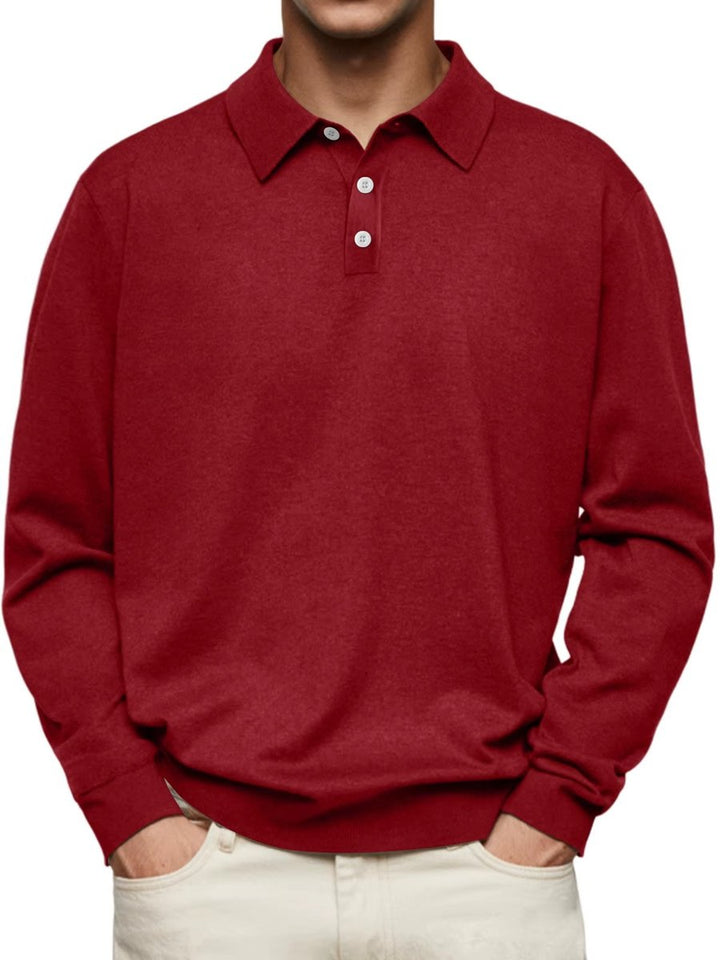 Herren Langarm-Polo Sweatshirt Knopfleiste Klassischer Schnitt - Rot