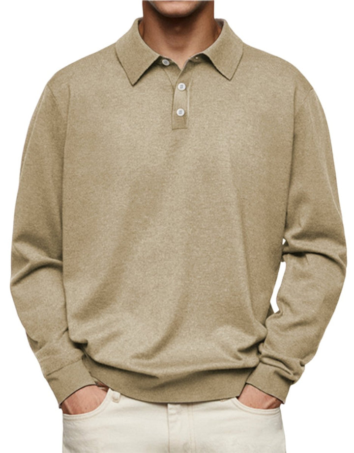 Herren Langarm-Polo Sweatshirt Knopfleiste Klassischer Schnitt - Khaki