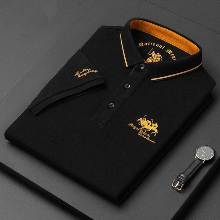 Herren Langarm-Poloshirt klassischer Kragen elegante Stickerei - Schwarz