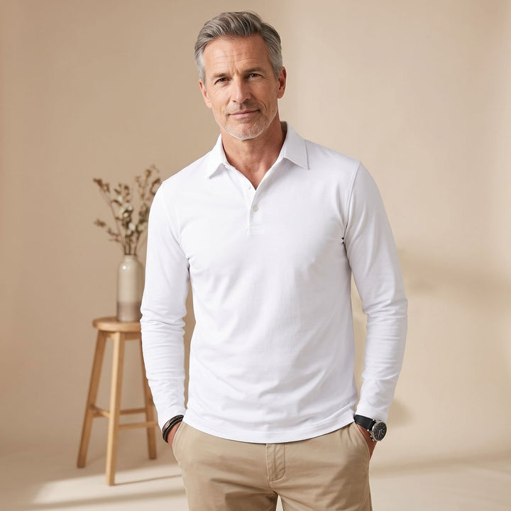 Herren Langarm Poloshirt Klassischer Polokragen Kurzknopfleiste - Weiß