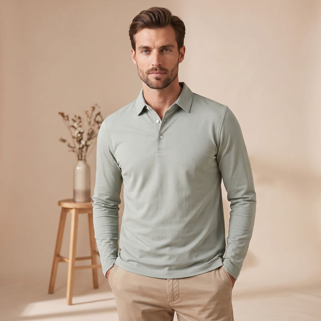 Herren Langarm Poloshirt Klassischer Polokragen Kurzknopfleiste
