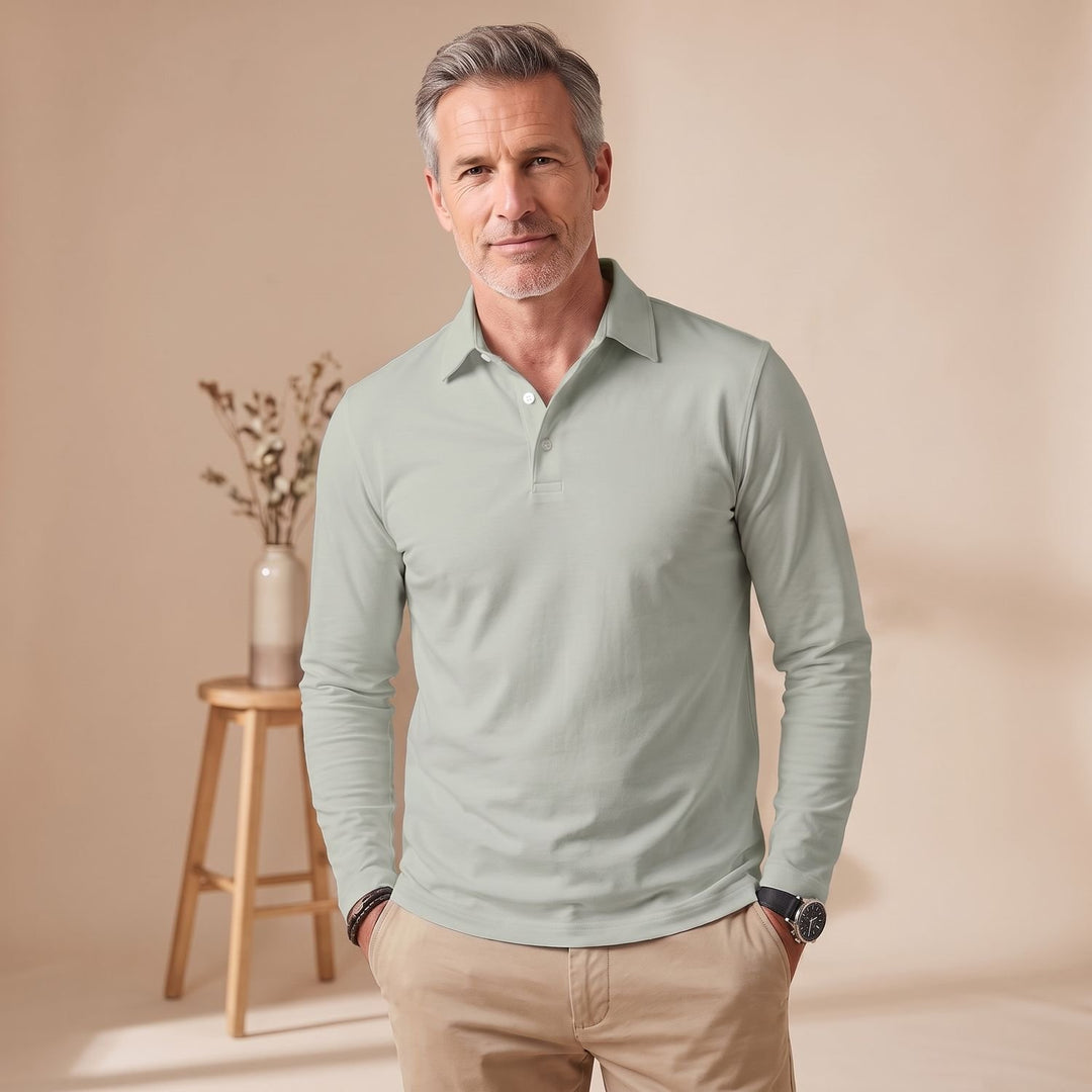 Herren Langarm Poloshirt Klassischer Polokragen Kurzknopfleiste - Grau